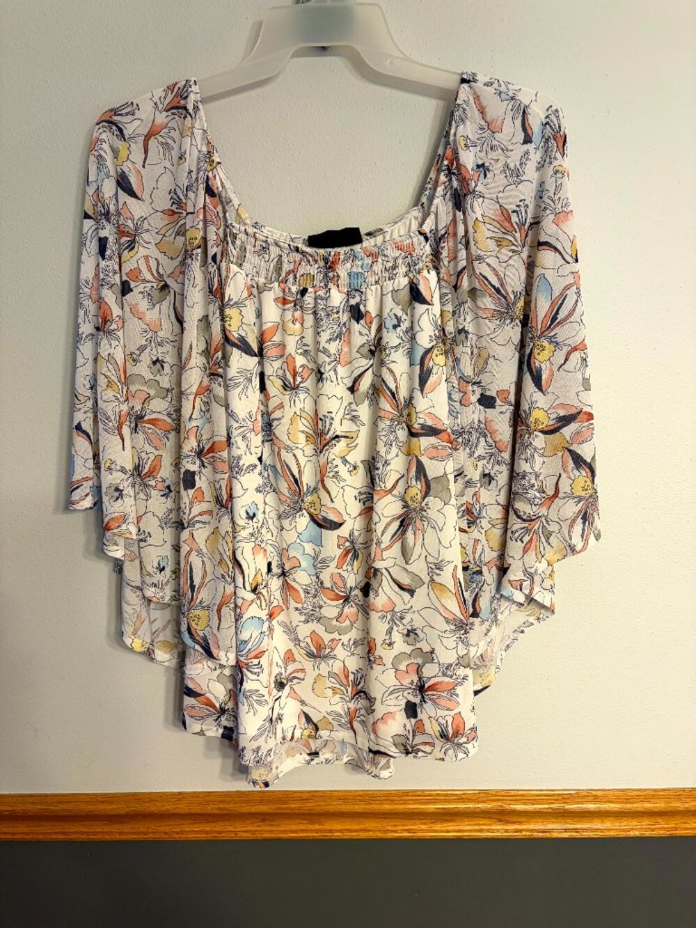 Lane Bryant 22/24 Floral Layered Blouse White blue pink 3/4 Sleeve Plus Size Top